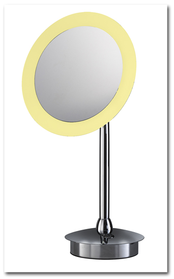 Standspiegel, der als Kosmetikspiegel und Schminkspiegel zu verwenden ist mit rundem Spiegelkopf und LED-Beleuchtung by Bavaria Bder-Technik GdbR